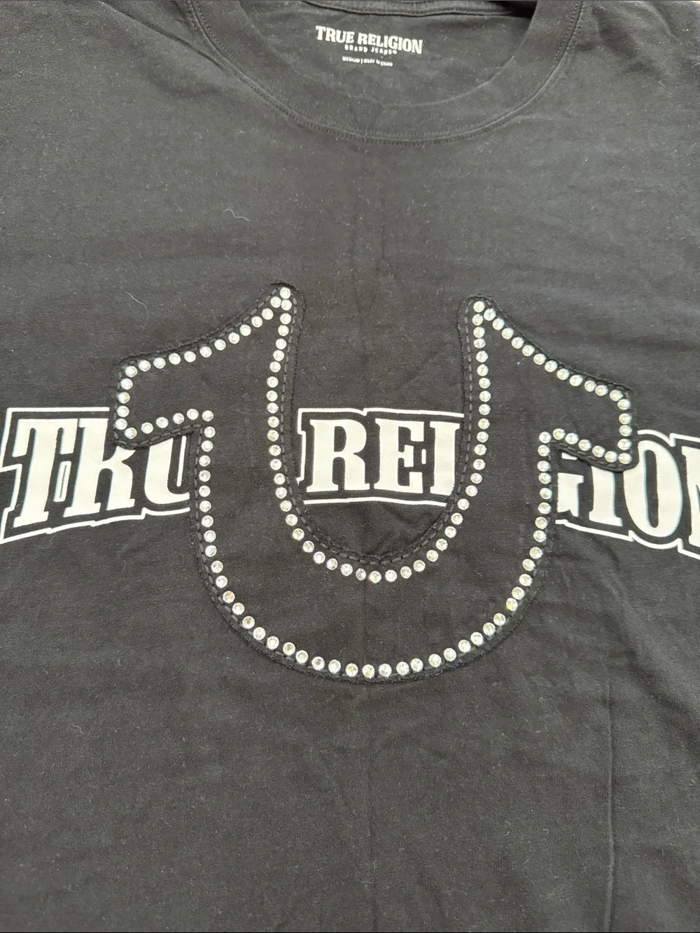 True Religion Black Graphic Crystal embellished Horseshoe logo EUC M/L